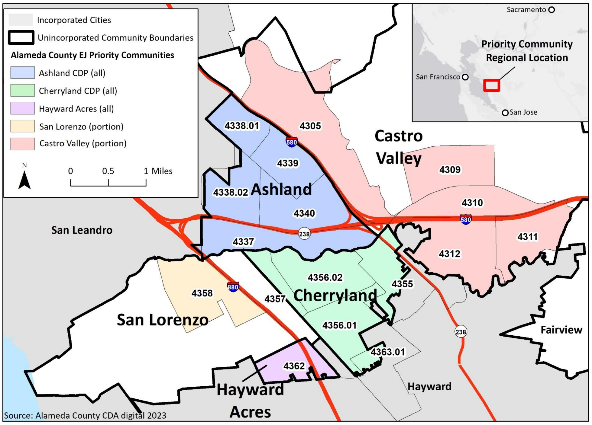 map of Unincorporated Alameda County Environmental Justice Element Priority Community Census Tracts